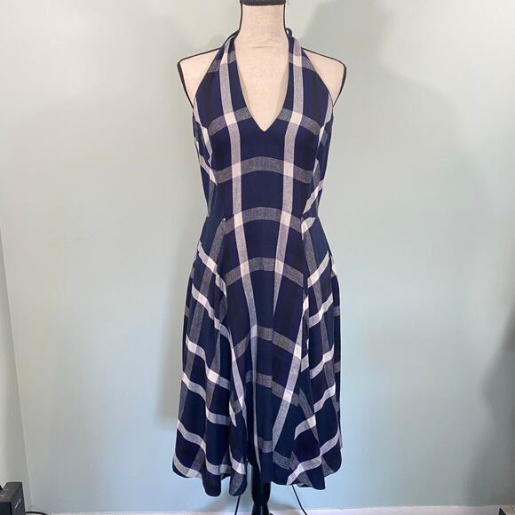 Eva Franco Dresses & Skirts - Eva Franco by Anthropologie Navy Plaid Linen Blend Halter Anya Dress Size 8